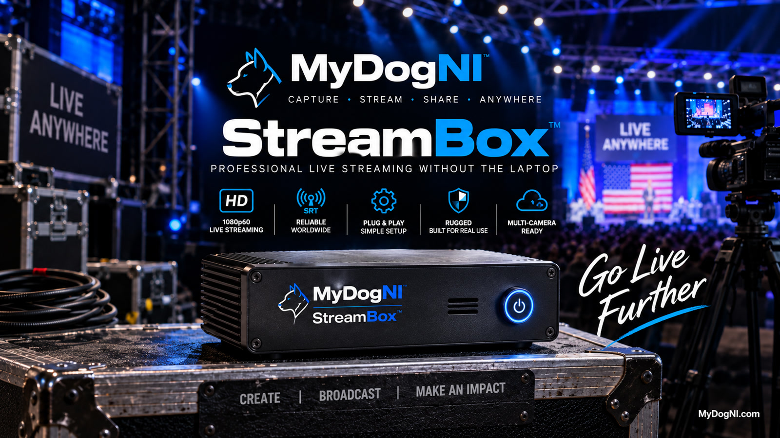 MyDogNI StreamBox on a flight case at a live event