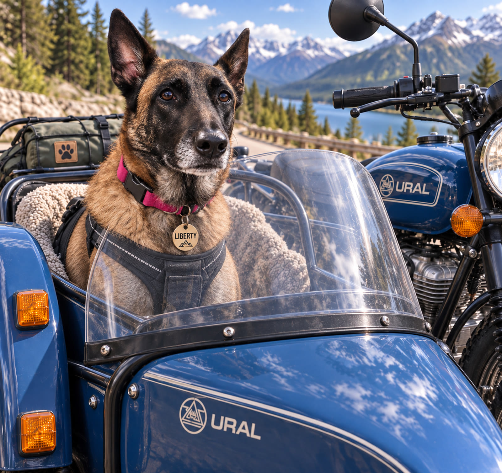 MyDog NI riding in a Ural motorcycle sidecar, wearing a helmet and goggles